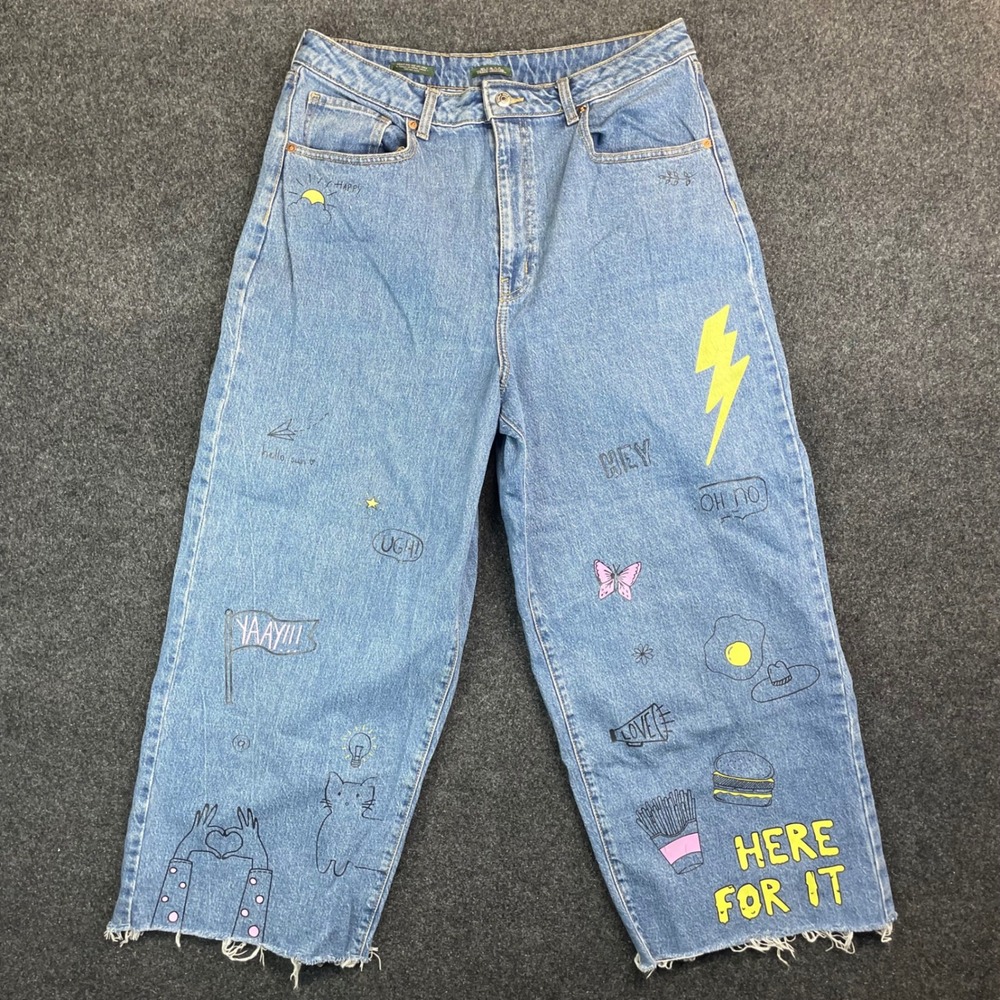Wild Fable Doodle Graphic Highest Rise Wide Leg Ankle Jeans Women 14 Blue Denim